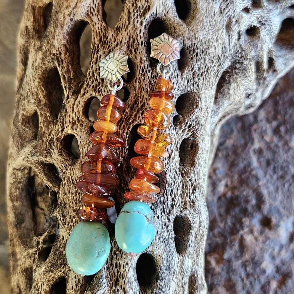 Sterling Silver Turquoise & Amber Artisan Earrings